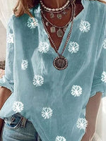 Casual V-Neck 3/4 Sleeves Dandelion Print Tunic Top