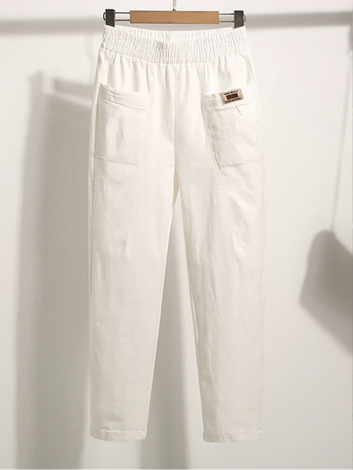 Casual Plain Pocket Stitching Cotton Elastic Waist H-Line Straight Pants