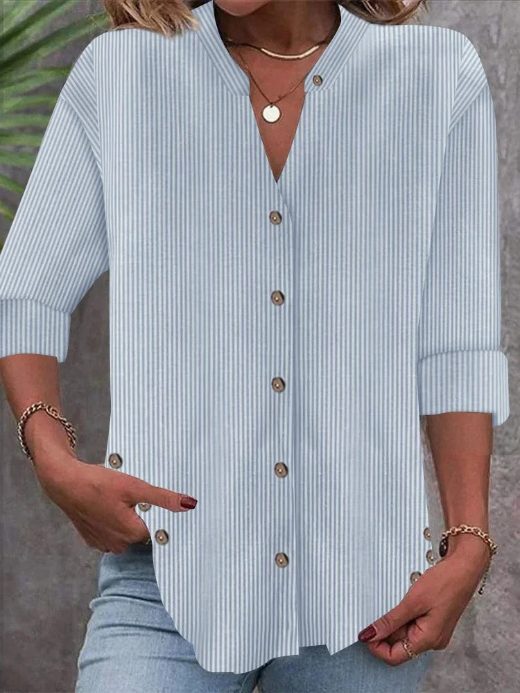 Striped Notched Long Sleeve Regular Loose Shirt