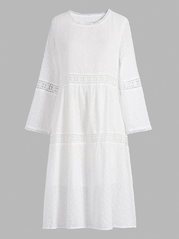 Crew Neck 3/4 Sleeves Cotton Loose Fit Comfy Midi Dress