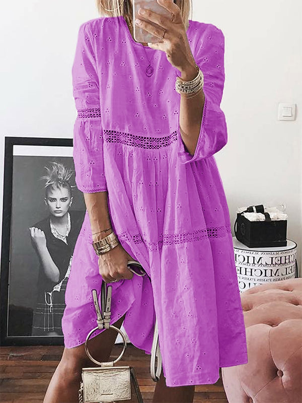 Crew Neck 3/4 Sleeves Cotton Loose Fit Comfy Midi Dress