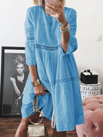 Crew Neck 3/4 Sleeves Cotton Loose Fit Comfy Midi Dress