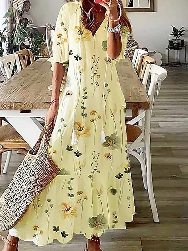 Floral V-neck Half Sleeve Loose Fit Maxi Dress