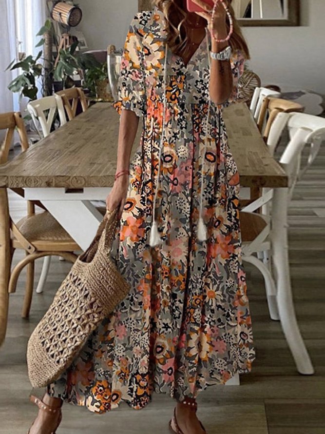 Floral V-neck Half Sleeve Loose Maxi Dress