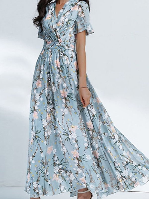 Floral Print Short V-neck Sleeve Comfy Midi Dress