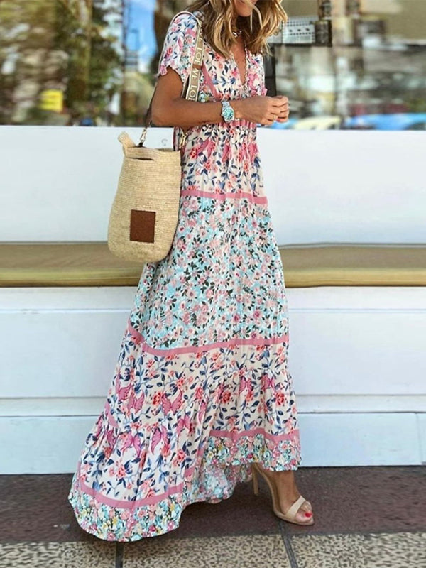 Floral Bohemia V-neck Short Sleeve Casual Maxi Dress