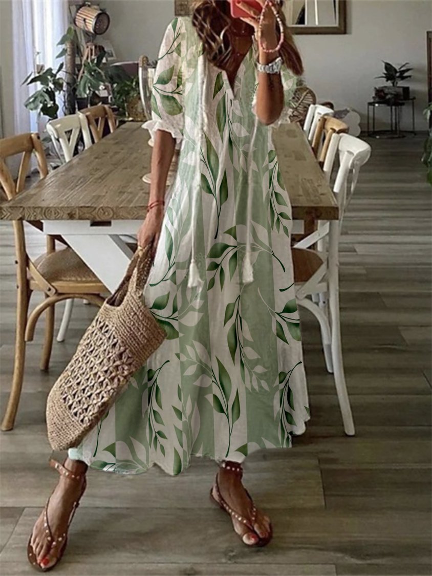 V-neck Half Sleeve Floral Casual Maxi Dress