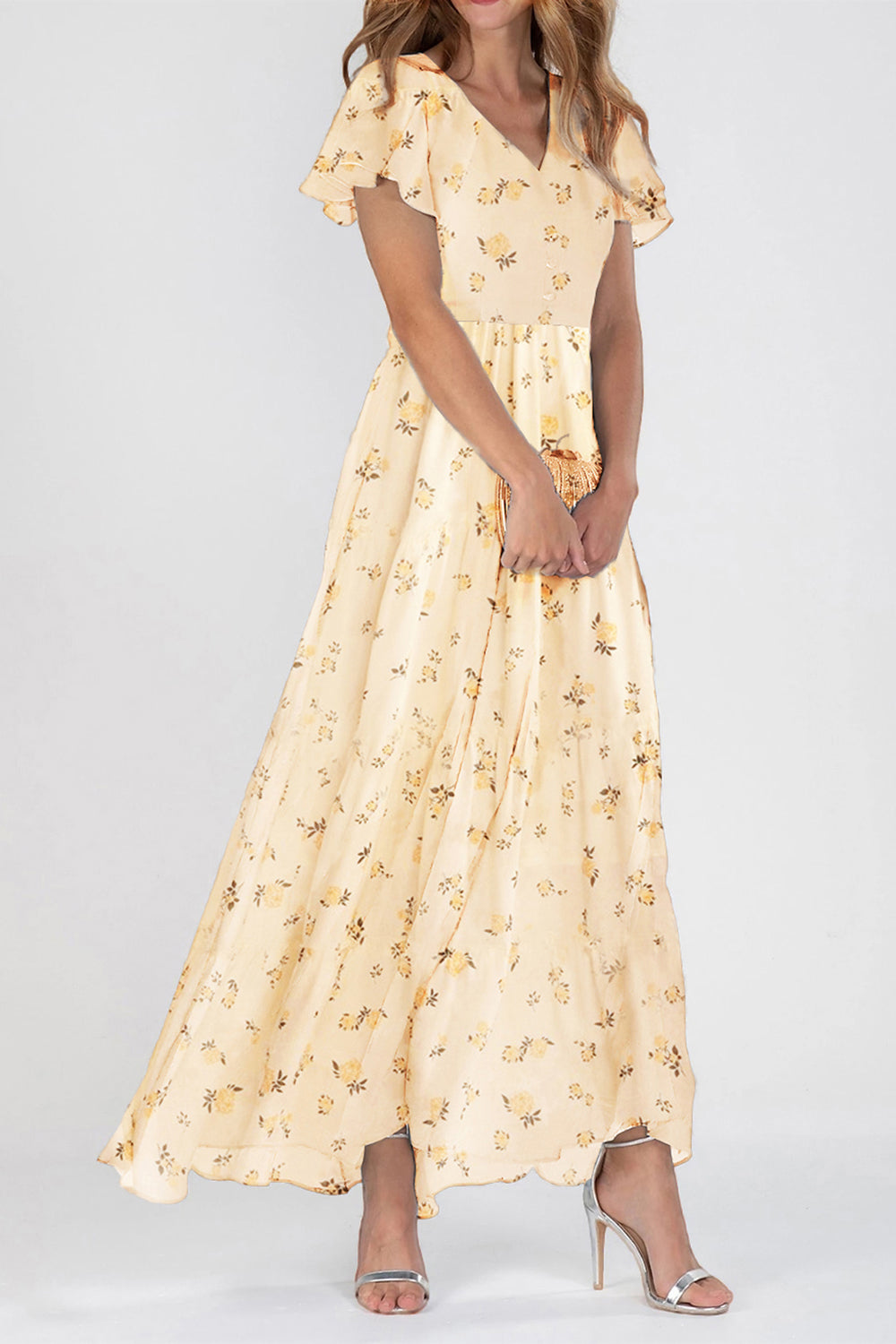 Floral V-neck Short Sleeve Floral Maxi Dress