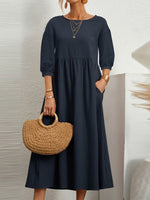 Cotton Crew Neck 3/4 Sleeves Swing Pockets Maxi Dress