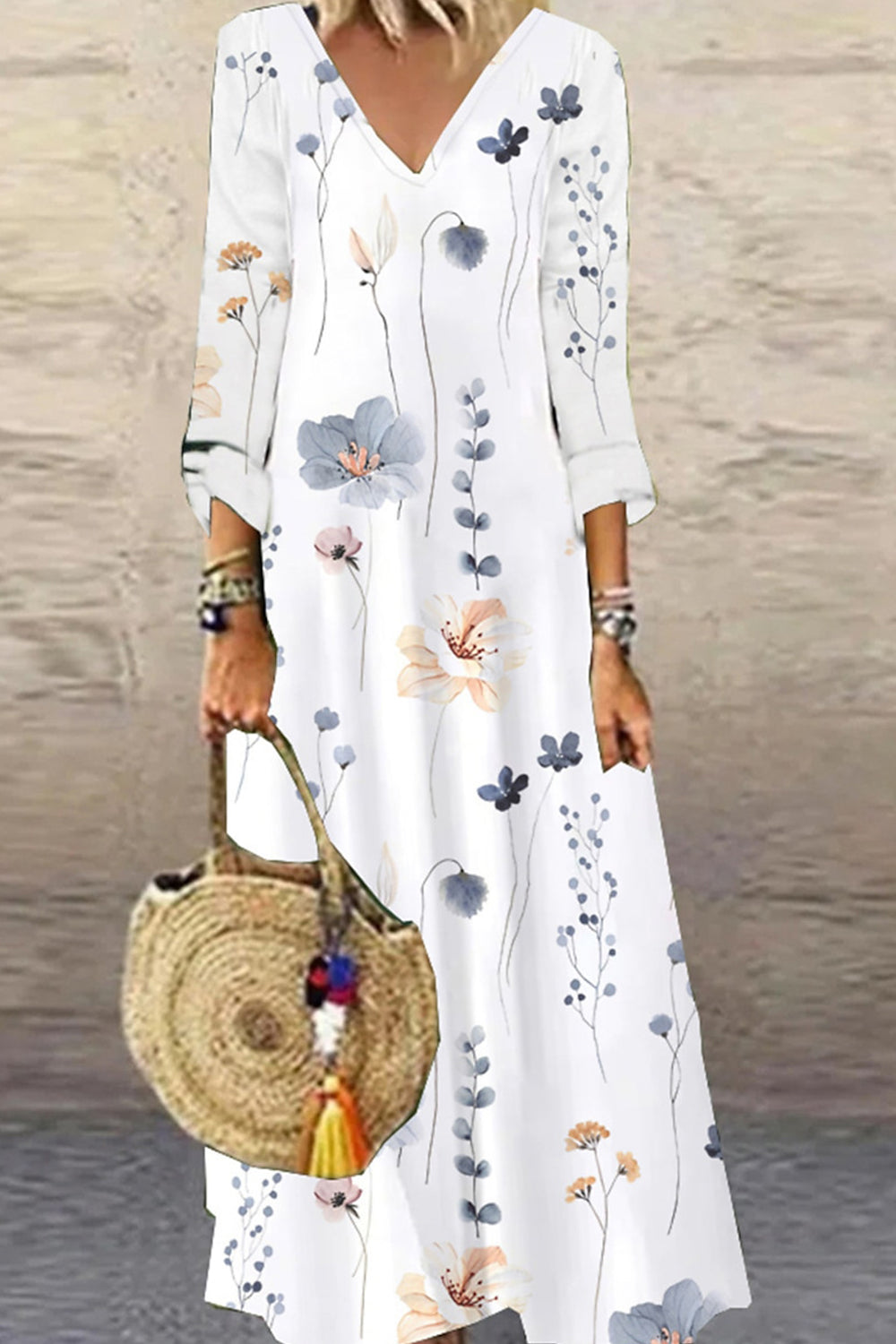 V-neck 3/4 Sleeves Loose Fit Floral Maxi Dress