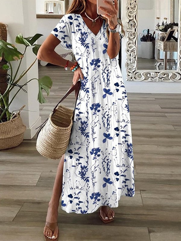 Floral V-neck Short Sleeve Casual Loose Maxi Dress