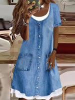 Denim U-neck Short Sleeve Button Comfy Midi Dress