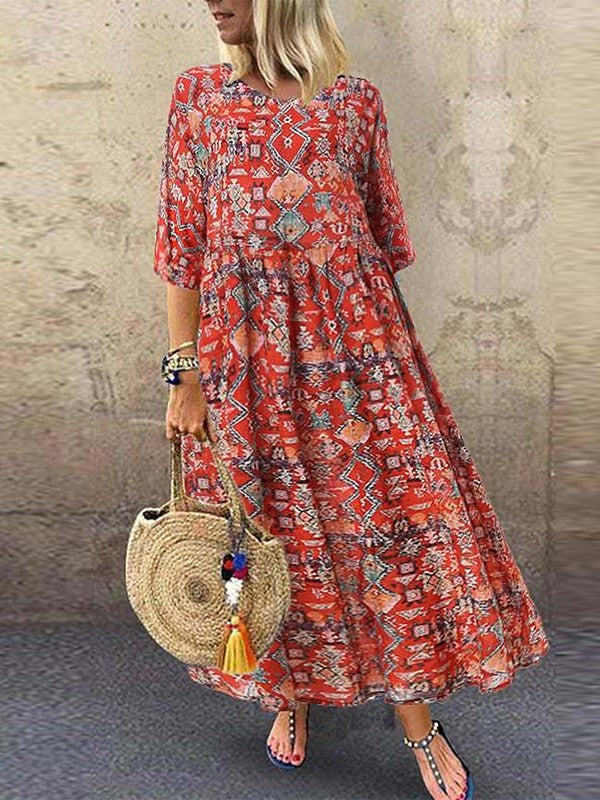 Vacation Floral Round Neck Half Sleeve Casual Maxi Dress