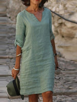 Cotton Blend V-neck 3/4 Sleeves Comfy Midi Dress