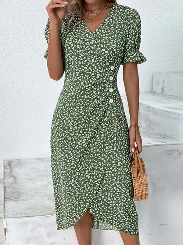 Floral Wrap V-neck Short Sleeve Casual Midi Dress