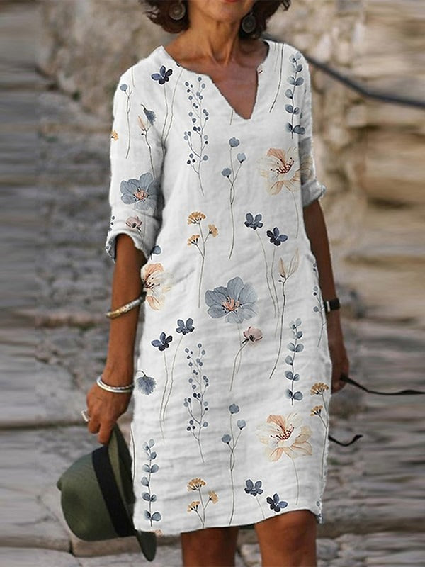 Casual Floral Print Half Sleeve V Neck Midi Dress