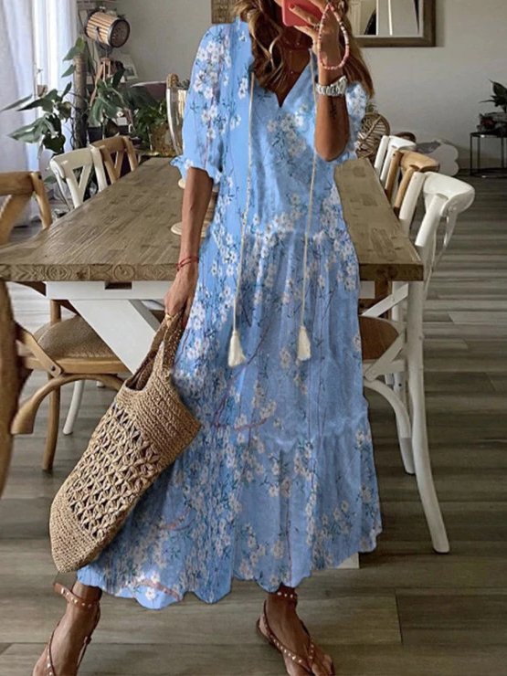 Casual Floral V Neck Half Sleeve Tassel Maxi Dress