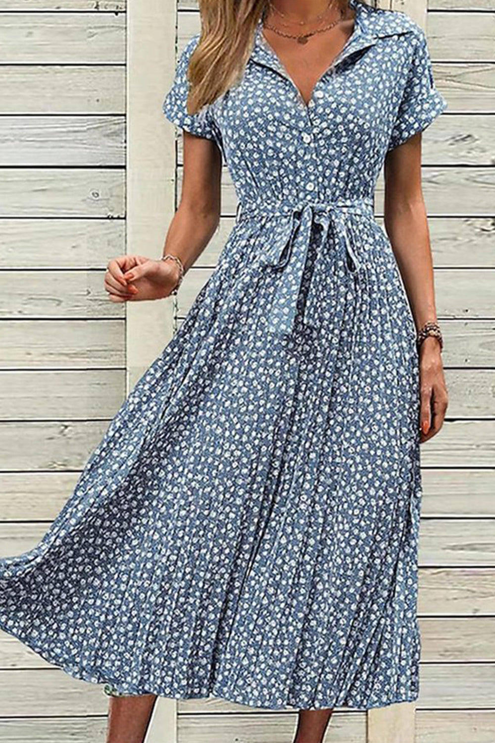 Floral Shirt Collar Short Sleeve Elegant Midi Dress