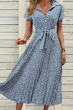 Floral Shirt Collar Short Sleeve Elegant Midi Dress