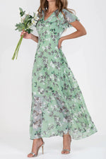 Floral V Neck Short Sleeve Chiffon Ruffle Maxi Dress