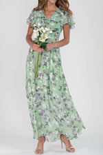 Floral V Neck Short Sleeve Chiffon Ruffle Maxi Dress
