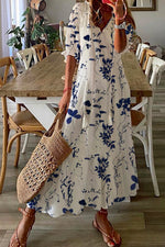 Floral Print V Neck Loose Casual Maxi Dress