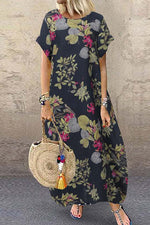 Floral Print Casual Round Neck Bohemian Maxi Dress