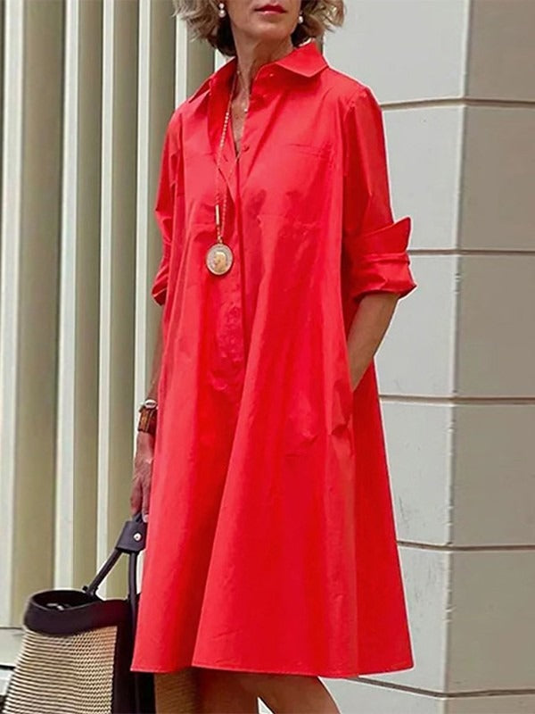 Casual Shirt Collar Long Sleeve Loose Fit Midi Dress