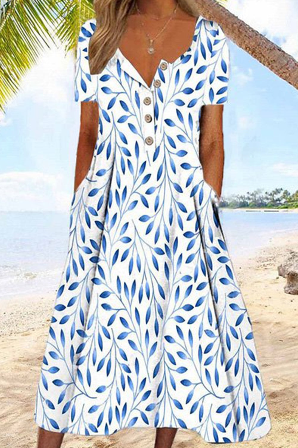 Leaf Print Crew Neck Short Sleeve Vacation Loose Maxi Dress