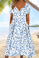 Leaf Print Crew Neck Short Sleeve Vacation Loose Maxi Dress