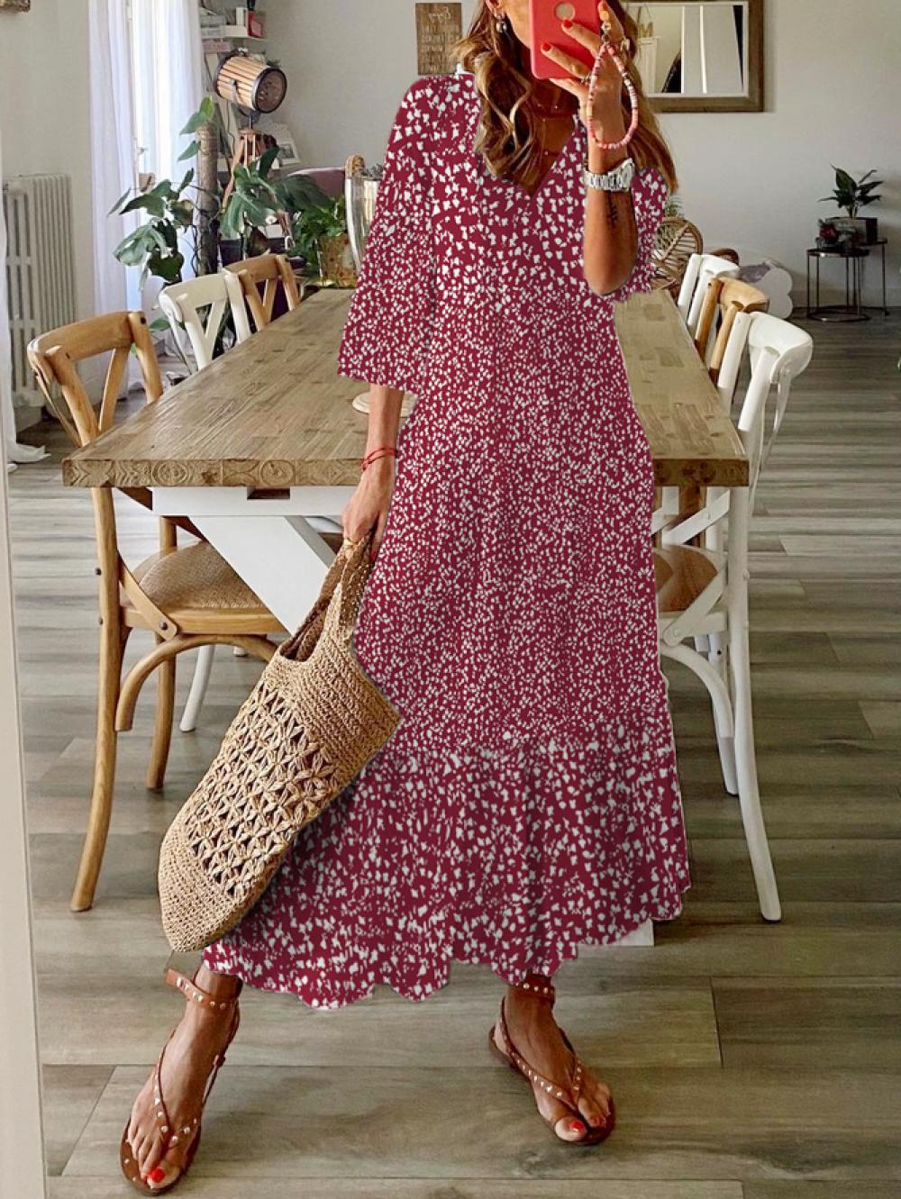 Floral Loose Casual V Neck Half Sleeve Disty Maxi Dress
