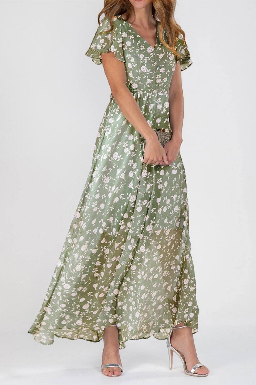 Floral V Neck Short Sleeve Chiffon Maxi Dress