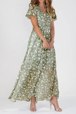 Floral V Neck Short Sleeve Chiffon Maxi Dress