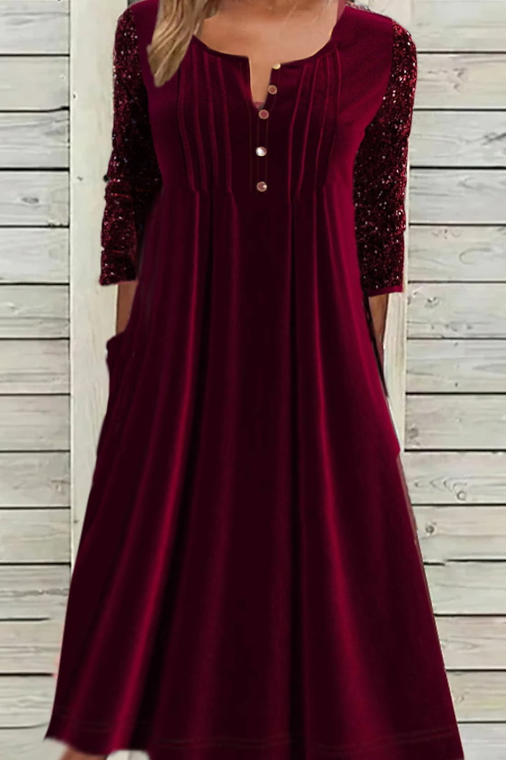 Casual Crew Neck Half Sleeve Pure Color Velvet Midi Dress