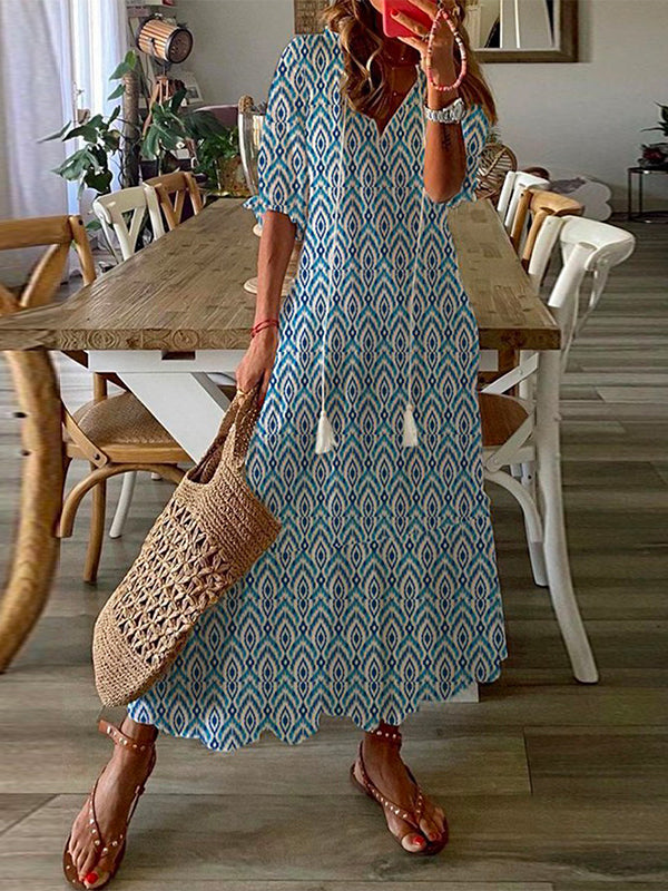 Elegent Geometric Half Sleeve V Neck Tassel Casual Maxi Dress
