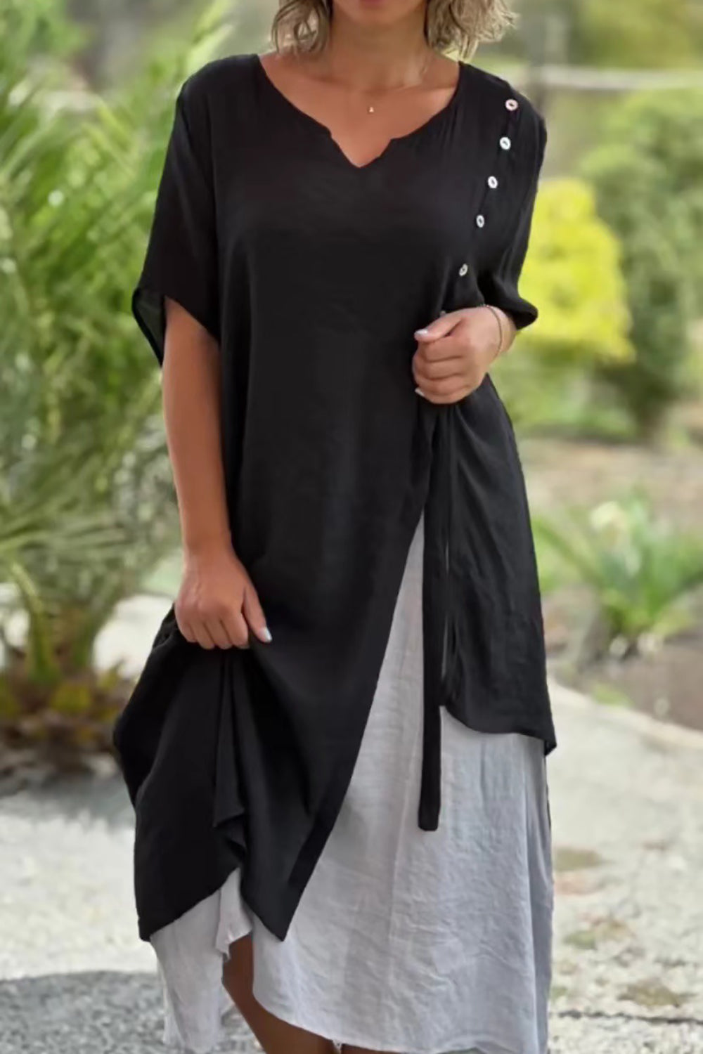 Casual Loose V Neck Short Sleeve Fake Two Piece Asymmetrical Dress