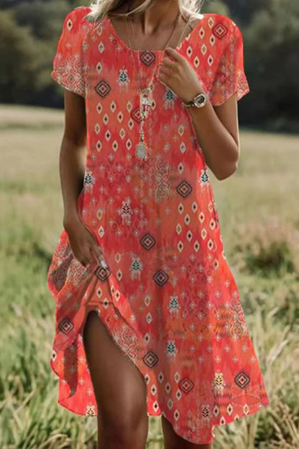 Floral Casual Crew Neck Short Sleeve Midi Dress