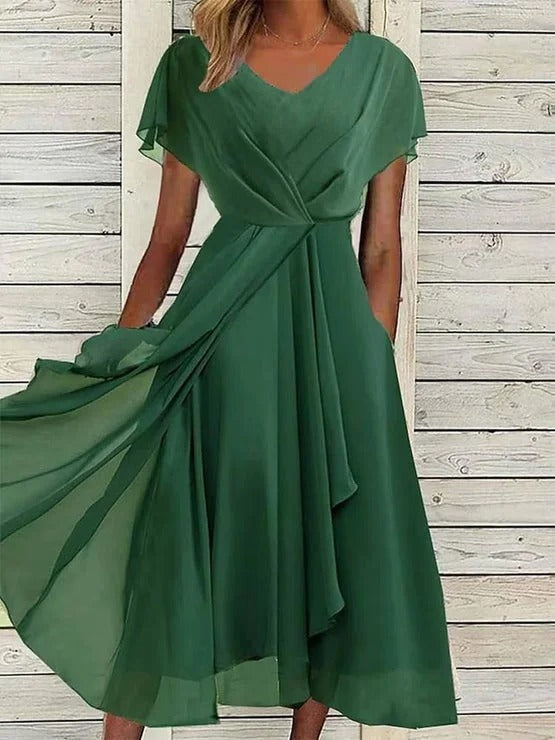 Chiffon V-neck Short Sleeve Loose Midi Dress