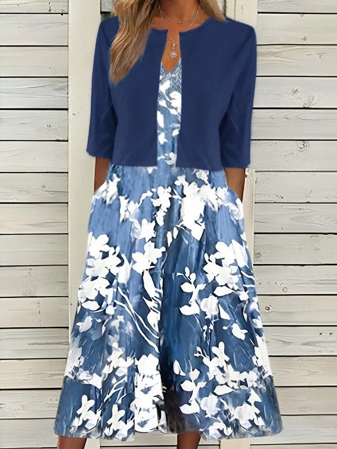 Floral Pattern Crew Neck Half Sleeve Casual Two Piece Midi Dress