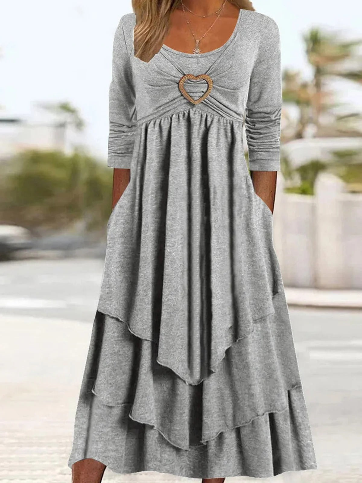 Grommets Crew Neck Long Sleeve Loose Midi Dress