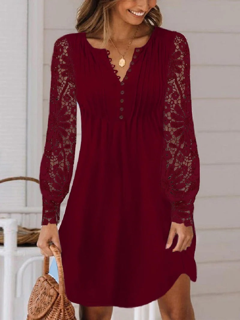 Plain V-neck Long Sleeve Comfy Lace Mini Dress