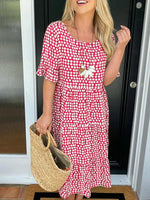 Casual Polka Dots Crew Neck Short Sleeve Comfy Midi Dress