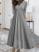 Casual Plain V Neck Long Sleeve Comfy Maxi Dress