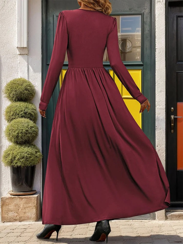 Plain V Neck Long Sleeve Casual Maxi Dress