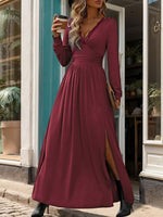 Plain V Neck Long Sleeve Casual Maxi Dress