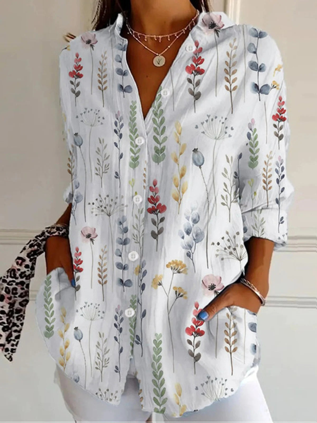 Botanical Pattern Loose Casual Shirt Collar Comfy Shirt