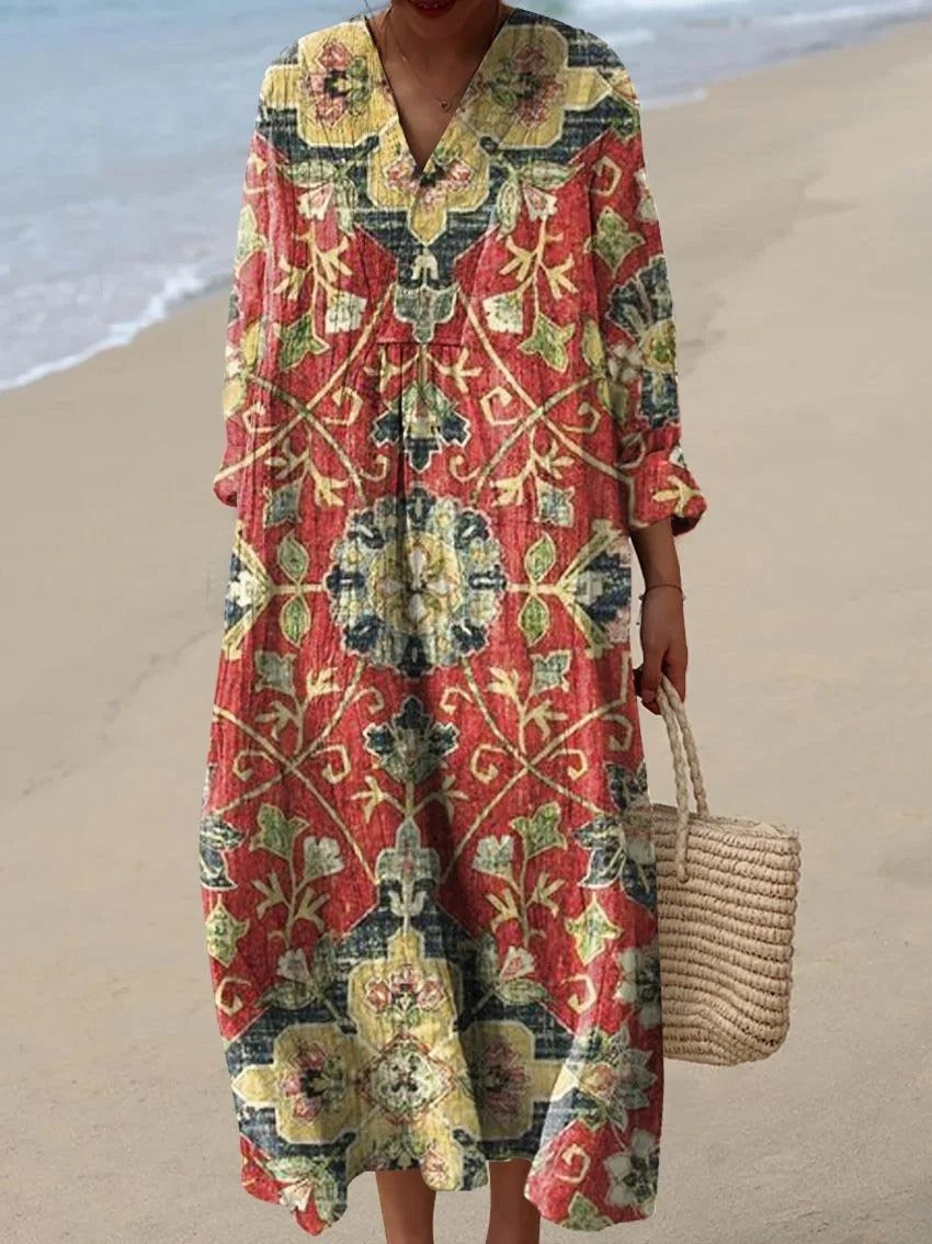 Vintage V-neck Long Sleeve Loose Maxi Dress