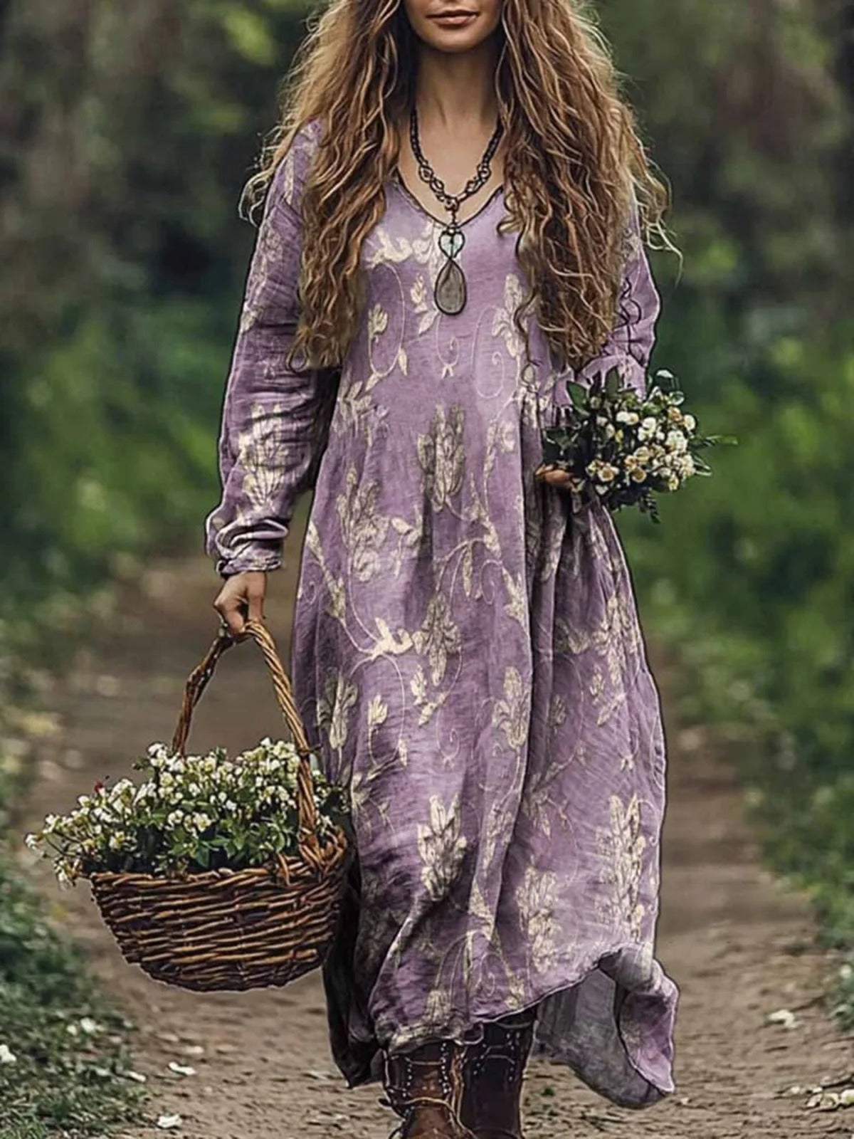 Floral V Neck Long Sleeve Loose Maxi Dress