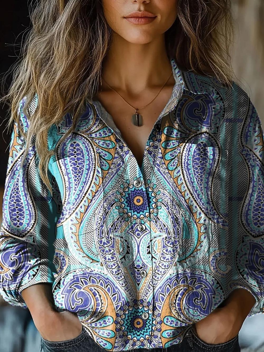 Long Sleeve Shirt Spring/Fall Ethnic Shirt Collar Holiday Going Out Casual Top
