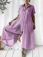 Casual Solid Linen Loose Lapel Jumpsuit